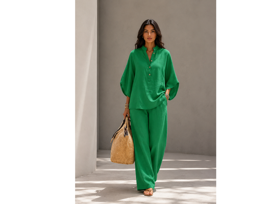 🌿 Ensemble Bohème Chic Femme – Chemise Fluide & Pantalon Large