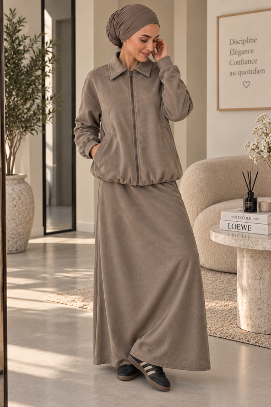 Ensemble effet daim – Veste & Jupe longue 🤎