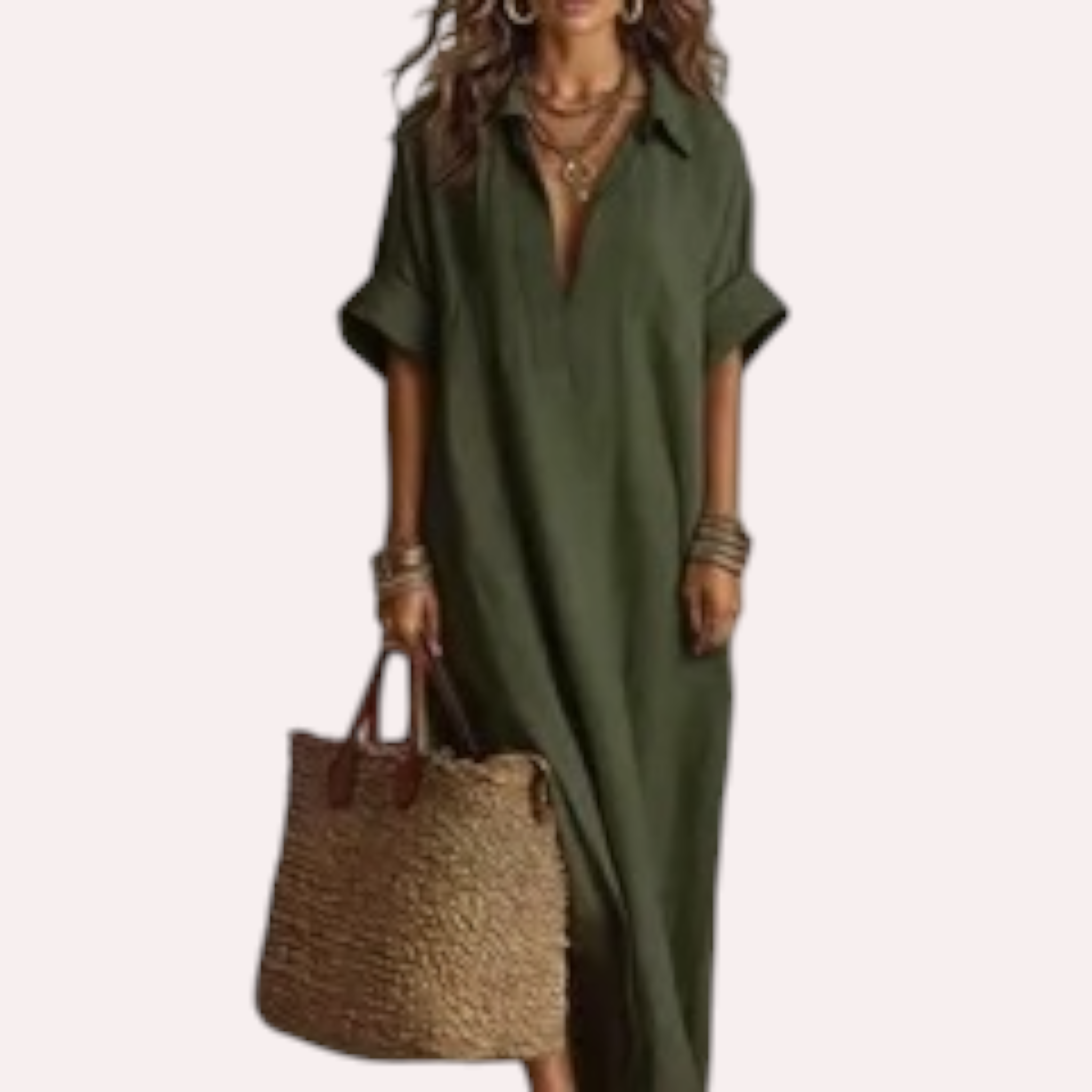 Robe Longue Bohème Col V – Manches Courtes Amples
