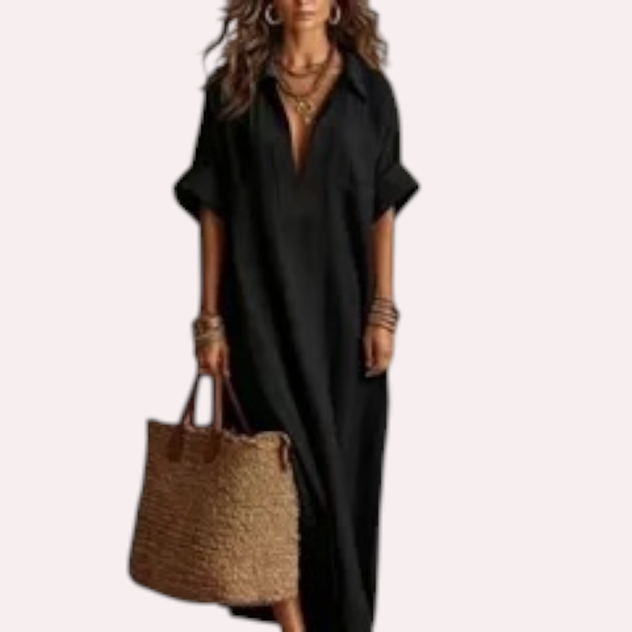 Robe Longue Bohème Col V – Manches Courtes Amples