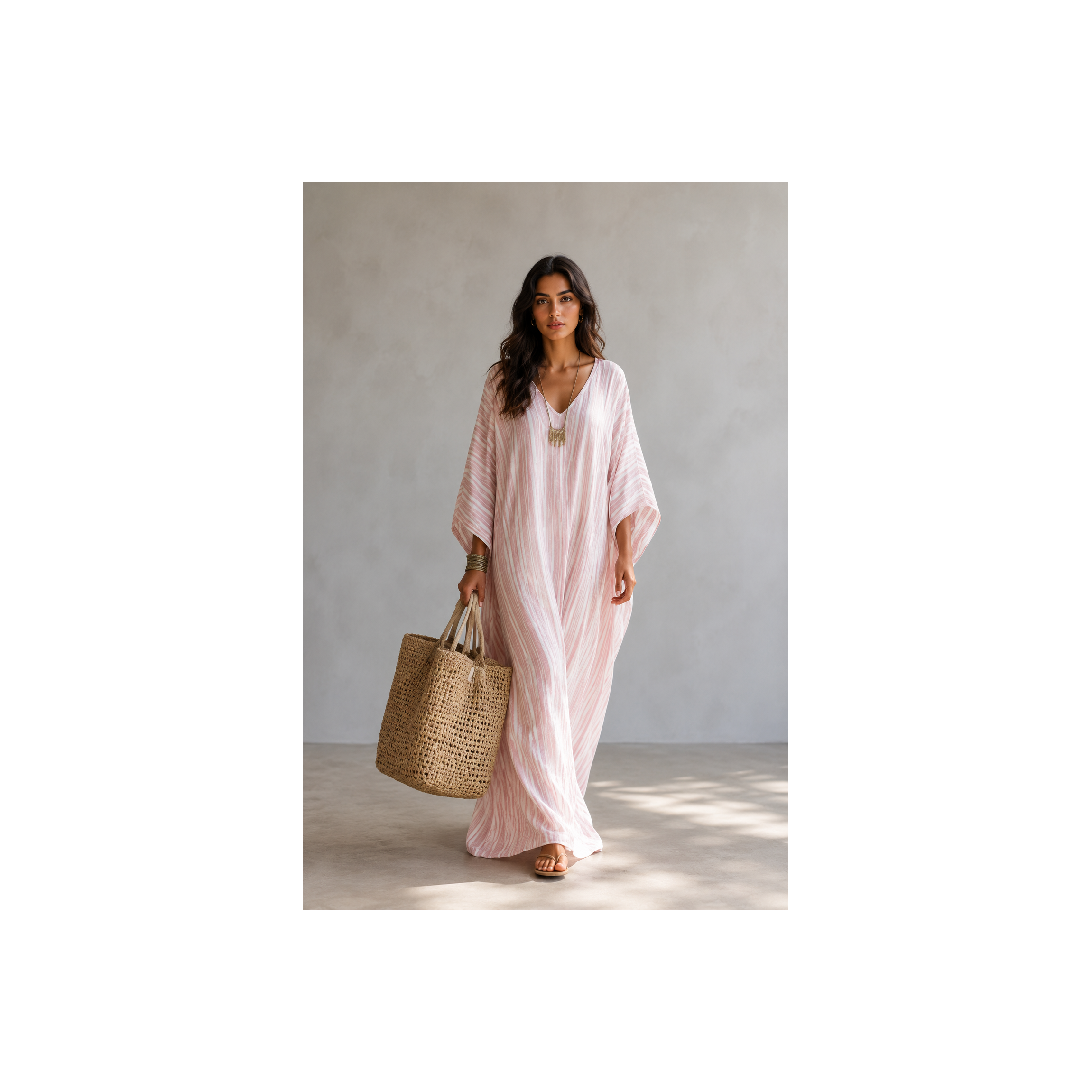 Caftan Bohème Rayé Femme – Robe Longue Fluide Col V