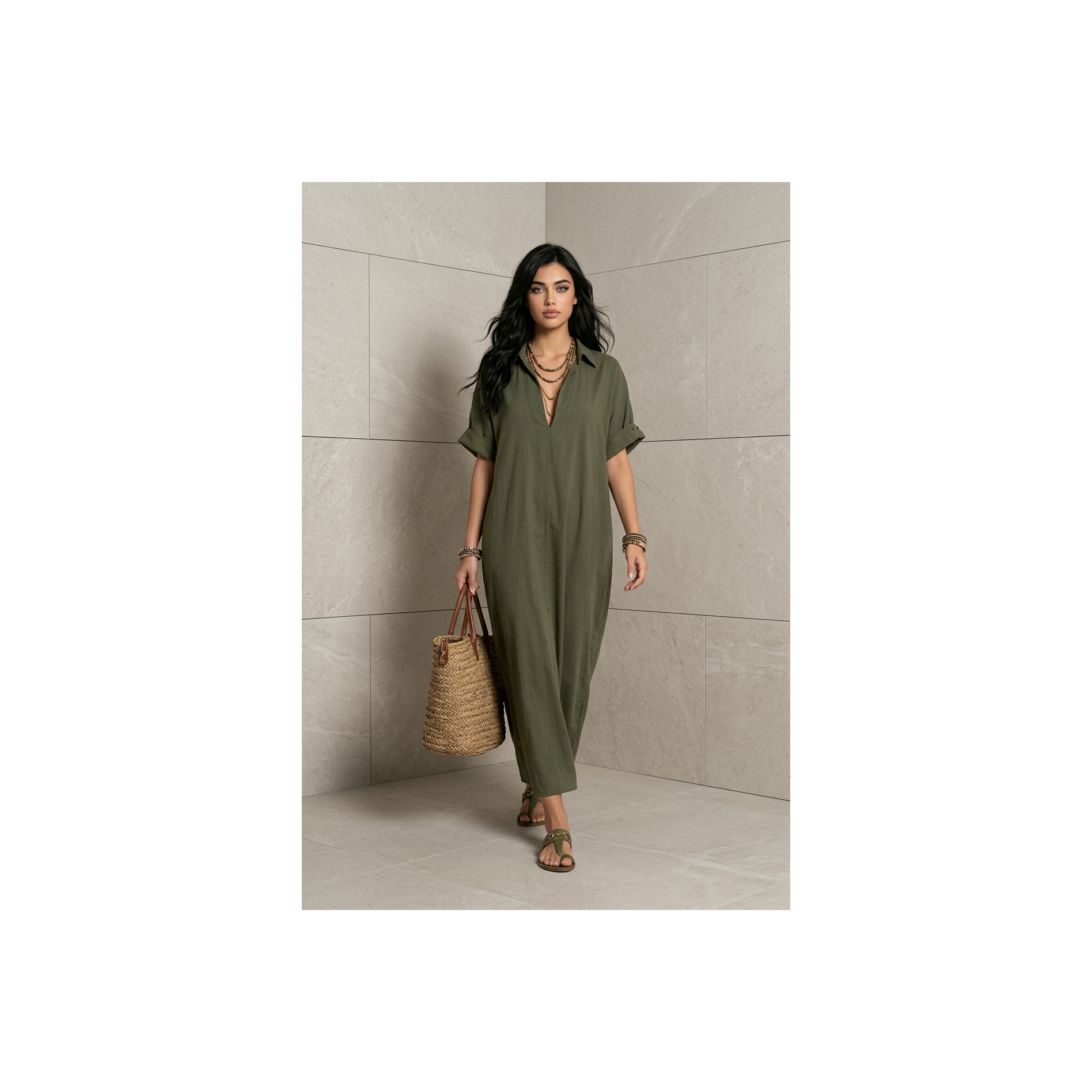 Robe Longue Bohème Col V – Manches Courtes Amples  (différents coloris)