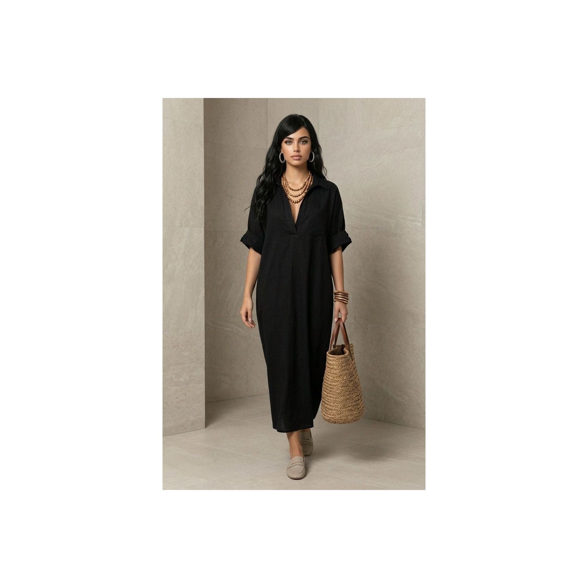 Robe Longue Bohème Col V – Manches Courtes Amples  (différents coloris)