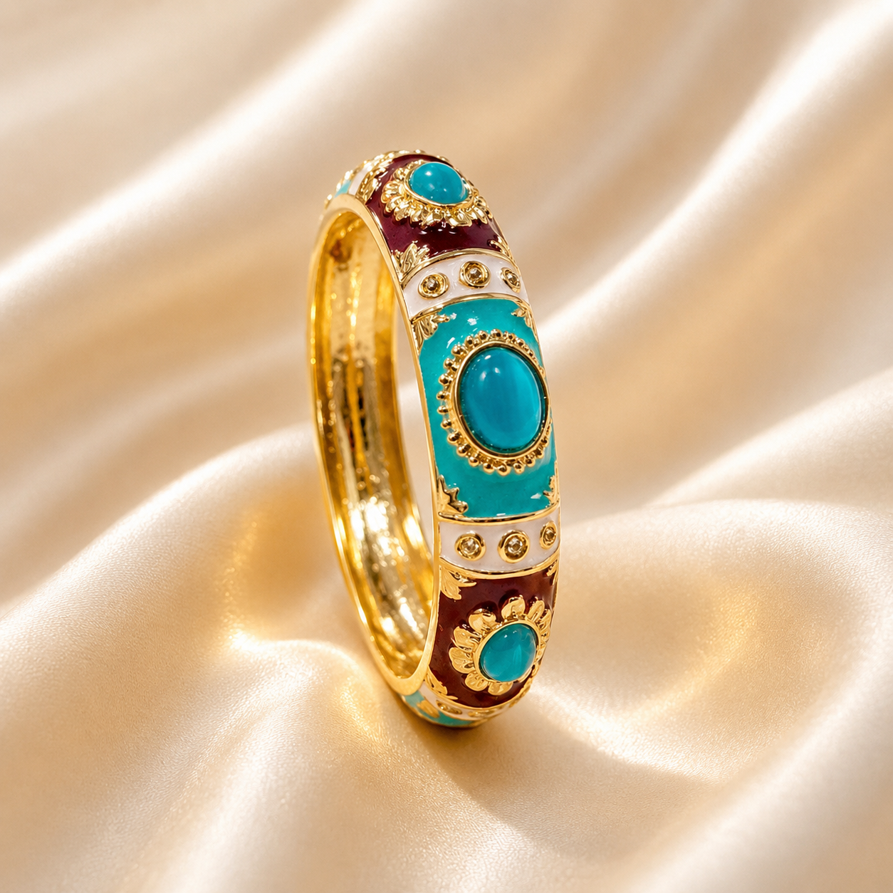 Bracelet Jonc Bohème Émaillé Turquoise & Bordeaux