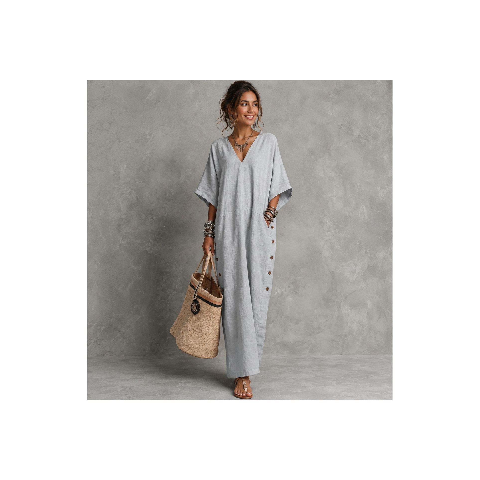 Robe Longue Bohème Col V – Élégance Décontractée  (différents coloris)